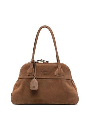 Miu Miu Embroidered Logo Wool Pom-Pom Beanie - Brown