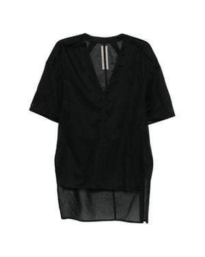 Rick Owens Short-Sleeved Semi-Sheer Cotton Blouse With V-Neck And Side Slits - Black