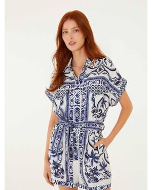 FARM Rio All-Over Print Linen Belted Romper With Button Front And Pockets - Blue