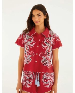 FARM Rio Short-Sleeve Cut-Out Embroidered Button-Up Blouse