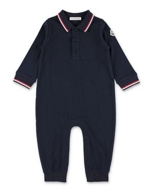 Moncler Boys Stretch Cotton Piqué Polo Romper With Ribbed Collar & Tricolor Trim - Blue