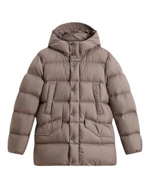 Woolrich Horizontal Quilted Hooded Puffer Jacket With Turtleneck & Adjustable Hem - Brown