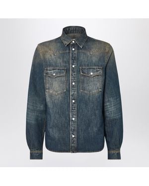 Fendi Faded Stone-Wash Denim Distressed Shirt With Chest Pockets - Blue