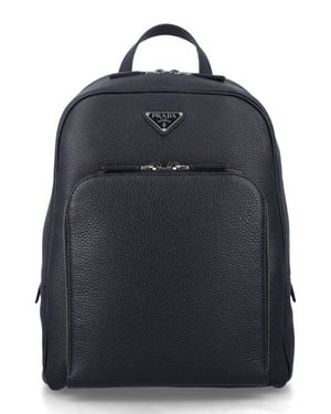 Prada Leather Backpack With Front Zip Pocket - Blue