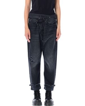 R13 Crossover Waist Distressed Straight Leg Jeans - Blue