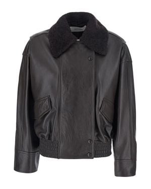 IVY & OAK Eco-Fur Wide-Collar Leather Jacket With Dropped Shoulders - Black