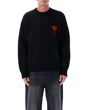 Ami Paris Ami Of Coeur Wool Crewneck Sweater With Intarsia - Blue
