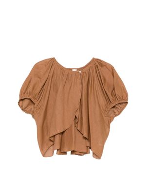 120% Lino Ruffled Sleeve Linen Blouse - Brown