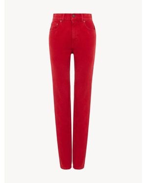 Chloé Front Zip 5-Pocket Mini Denim Jeans With Leather Back Patch And Logo Button - Red