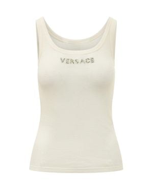 Versace Ribbed Tank Top With Logo Detail - Natural