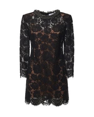 Self-Portrait Long Sleeve Lace Mini Dress With Embellished Neckline - Black