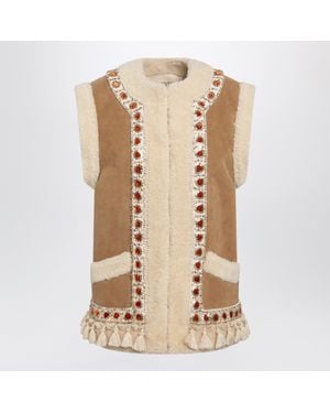 Valentino Garavani Camel Shearling & Suede Mini Vest - Natural