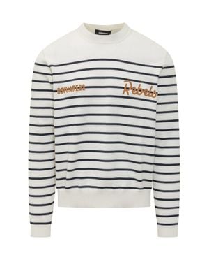 DSquared² Classic Striped Knit Sweater With Logo Embroidery - White