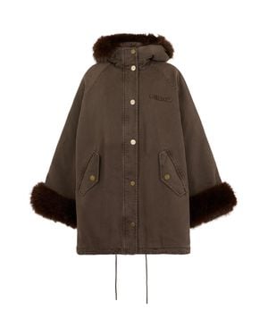 Pinko Warm Hooded Jacket With Faux Fur Sleeves And Button Front - Brown
