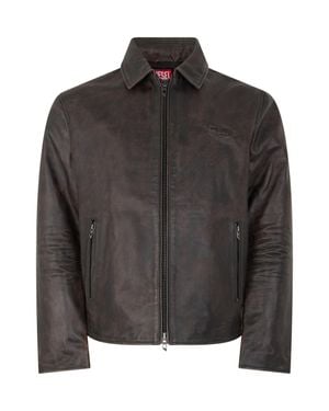 DIESEL Leather Zipper Jacket With Shirt Collar - Black