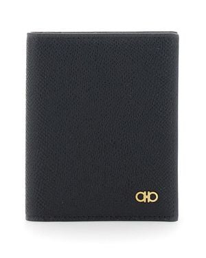Ferragamo Micro Gancini Hook Leather Bi-Fold Card Holder With Laminated Logo, 8X10 Cm - Black