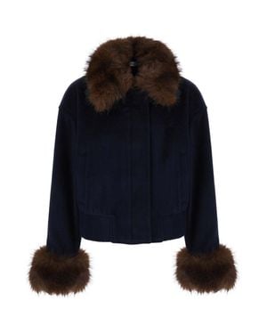 Self-Portrait Jacket With Fur Details And High Collar - Blue