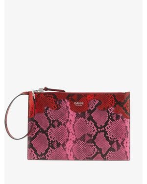 Ganni Python Print Mini Pouch Handbag With Zip Closure, Front Logo (W 29 X H 19.5 Cm) - Red