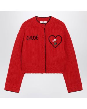 Chloé Tulip Wool & Cashmere Cardigan With Logo Detail And Heart Appliqué - Red