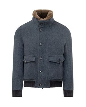 ESTERNO Faux Fur Puffer Jacket With Neck Detail And Herringbone Pattern - Blue