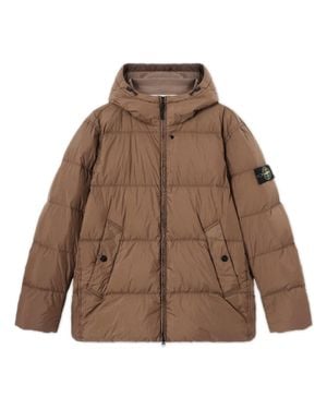 Stone Island Shaped Padded Hood Jacket With Double-Adjustable Drawstring, Slanted Snap Pockets - Brown