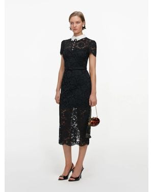 Self-Portrait Lace Midi Dress With Contrasting Collar, Belt & Embellished Buttons - Black