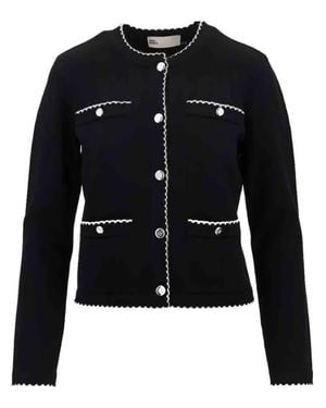 Tory Burch Classic Crew Neck Wool Cardigan With Contrasting Trim And Patch Pockets - Black