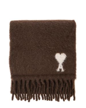 Ami Paris Alpaca And Wool Scarf With Jacquard Ami Of Coeur Motif - Brown