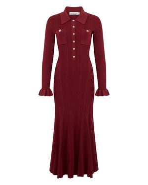 Self-Portrait Button-Embellished Ribbed-Knit Midi Dress - Red