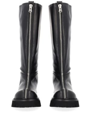 Moschino Leather Knee-High Boots With Front Zipper - Black