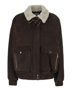 Semicouture Inspired High-Fur Collar Suede Bomber Jacket With Adjustable Straps - Black