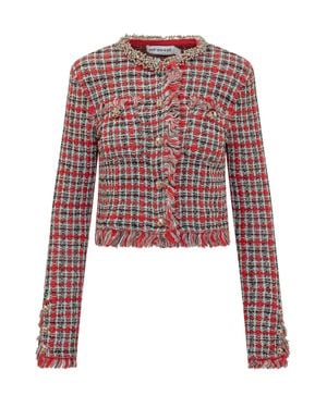 Self-Portrait Check Frayed Detail Jacket - Red