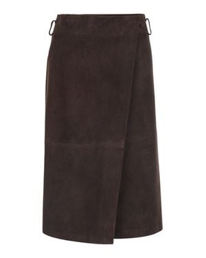 Semicouture Rosanne Suede Skirt With Front Single Slit, Belt Loops & Straight Hem - Brown