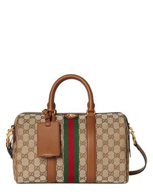 Gucci Gg Canvas Tote Bag 16 X 30 X 20 Cm With Leather Trim, Double G, Zip Closure & Adjustable Strap - Brown