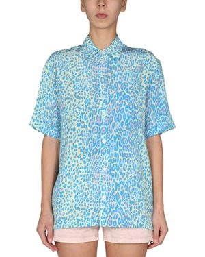 Stella McCartney Oversized Leopard-Print Organic Silk-Satin Shirt - Blue