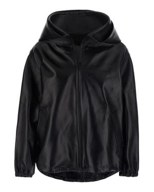 Balenciaga Leather Hooded Jacket With Dropped Shoulders And Zip Front - Black