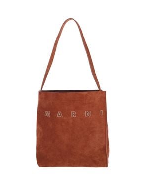 Marni Calf Leather Shoulder Bag With Metallic Hardware - Brown
