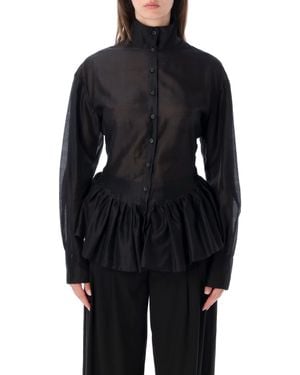 THE LATEST Sheer High Neck Button-Front Peplum Blouse - Black