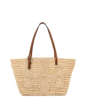Tory Burch Raffia Ella Shopping Handbag With Golden Metal Hardware - Natural