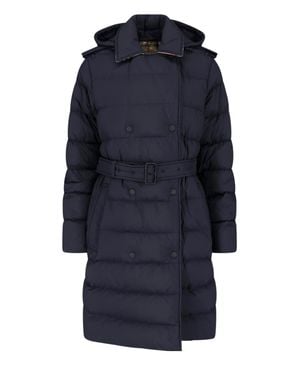 Burberry Long Quilted Hooded Puffer Coat With Belt - Blue