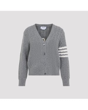 Thom Browne Anchor Intarsia Cable Stitch V-Neck Cardigan - Gray