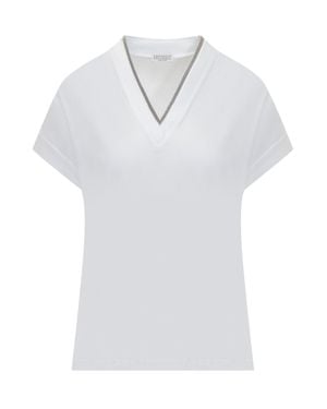 Brunello Cucinelli V-Neck Short Sleeve Top - White