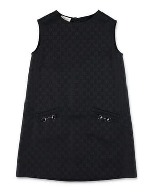 Gucci Girl Horsebit Gg Cotton Jacquard Mini Dress With Pockets - Black