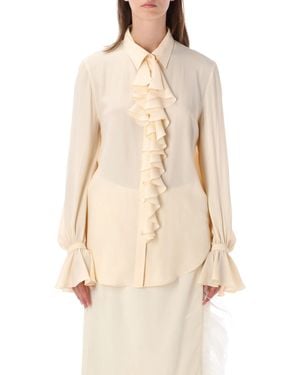 Alberta Ferretti Ruffled Front Long Sleeve Button-Up Blouse - Natural