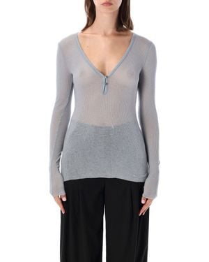 James Perse Ultra-Fine Ribbed Cotton-Cashmere Henley Top With Deep V-Neck - Gray