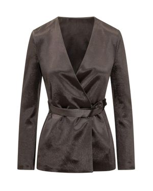 BOSS Tailored Jacket With Belt And V-Neck Design - Black