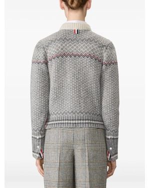 Thom Browne Fairisle Pattern Jacquard Knit New Neck Cardigan - Gray