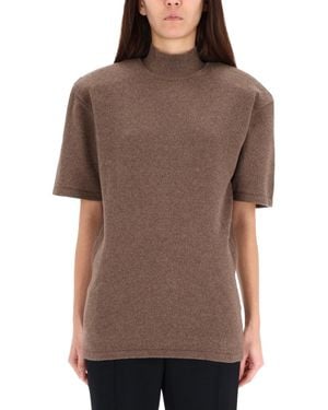 Jacquemus Short Sleeve Mock Neck Wool-Cashmere Sweater - Brown