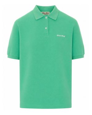 Miu Miu Mini Logo Cotton Polo Shirt With Classic Collar - Green