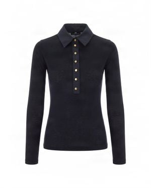 Elisabetta Franchi Fitted Long-Sleeve Polo Top With Button Placket - Blue